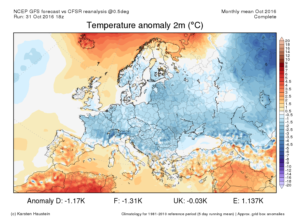 Anomalia delle temperature nel mese di Ottobre 2016